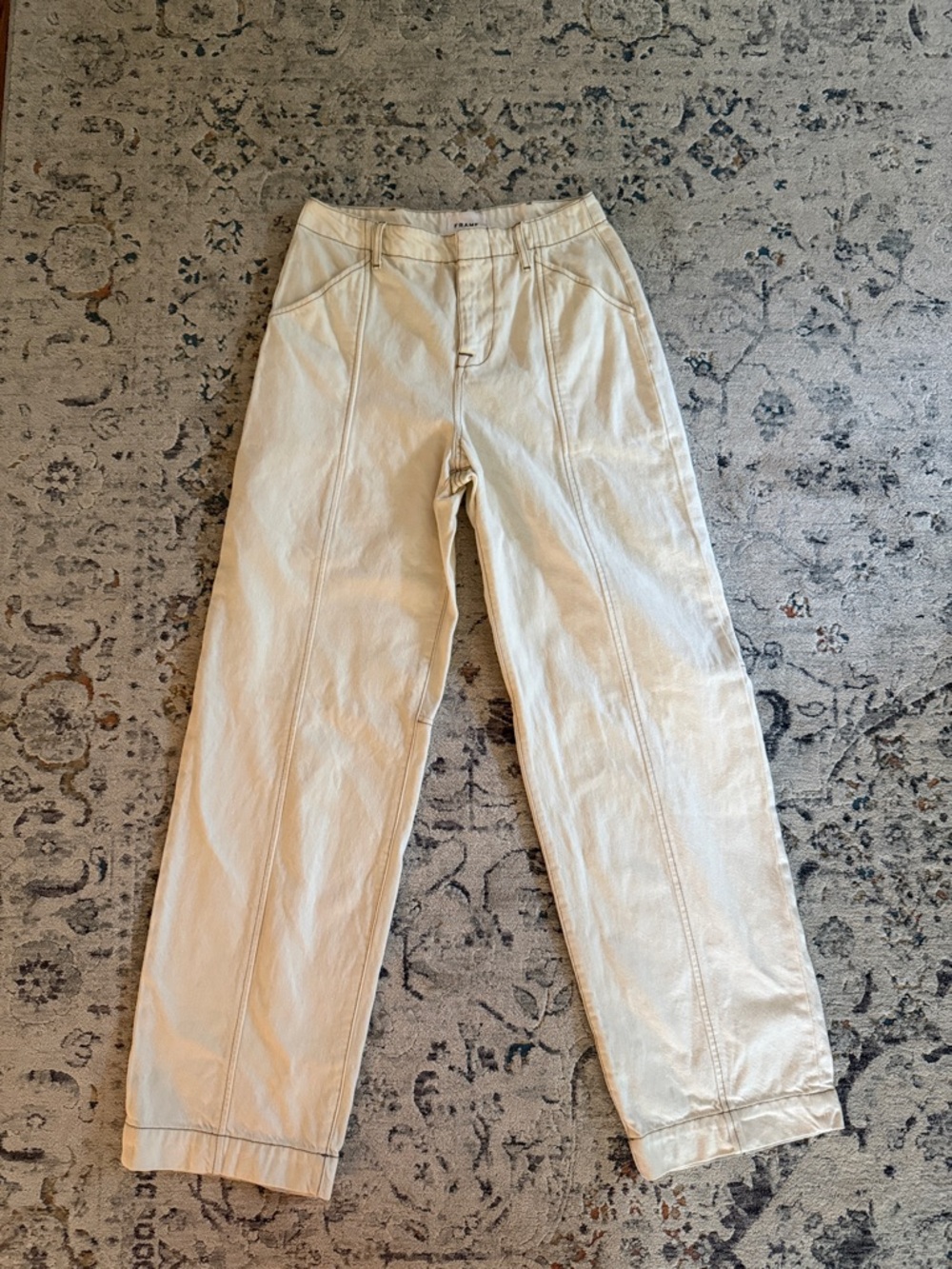 Frame Denim High-Rise Long Barreled Jeans in Ecru